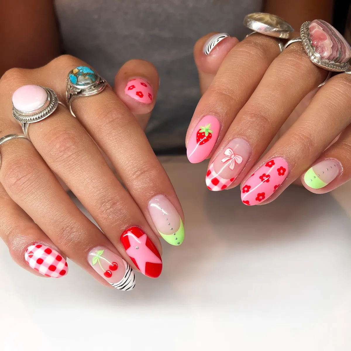 Gingham, strawberry art, and sparkly-tipped accents