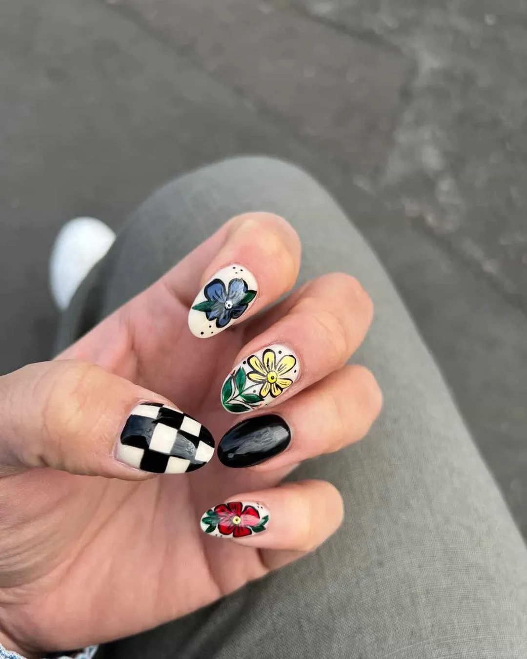 Floral illustrations with checkerboard and black accent