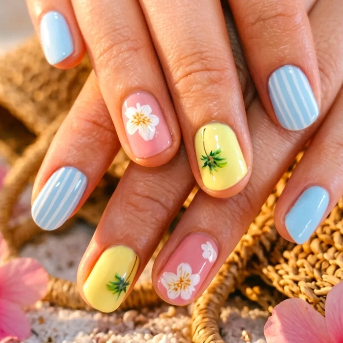 Pastel mix: blue stripes, pink florals, and yellow palm motifs