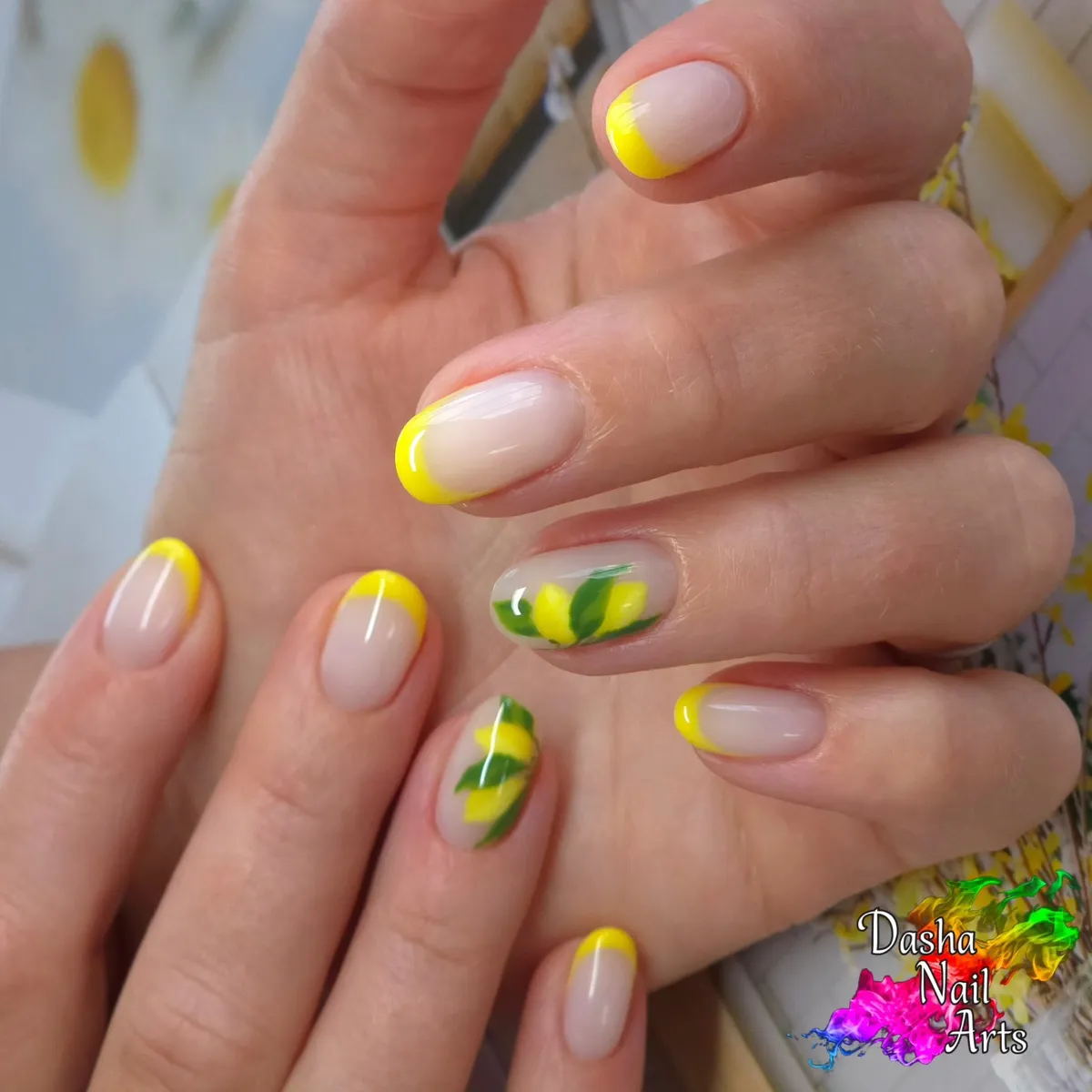 Yellow French tips with fruit-and-leaf accents