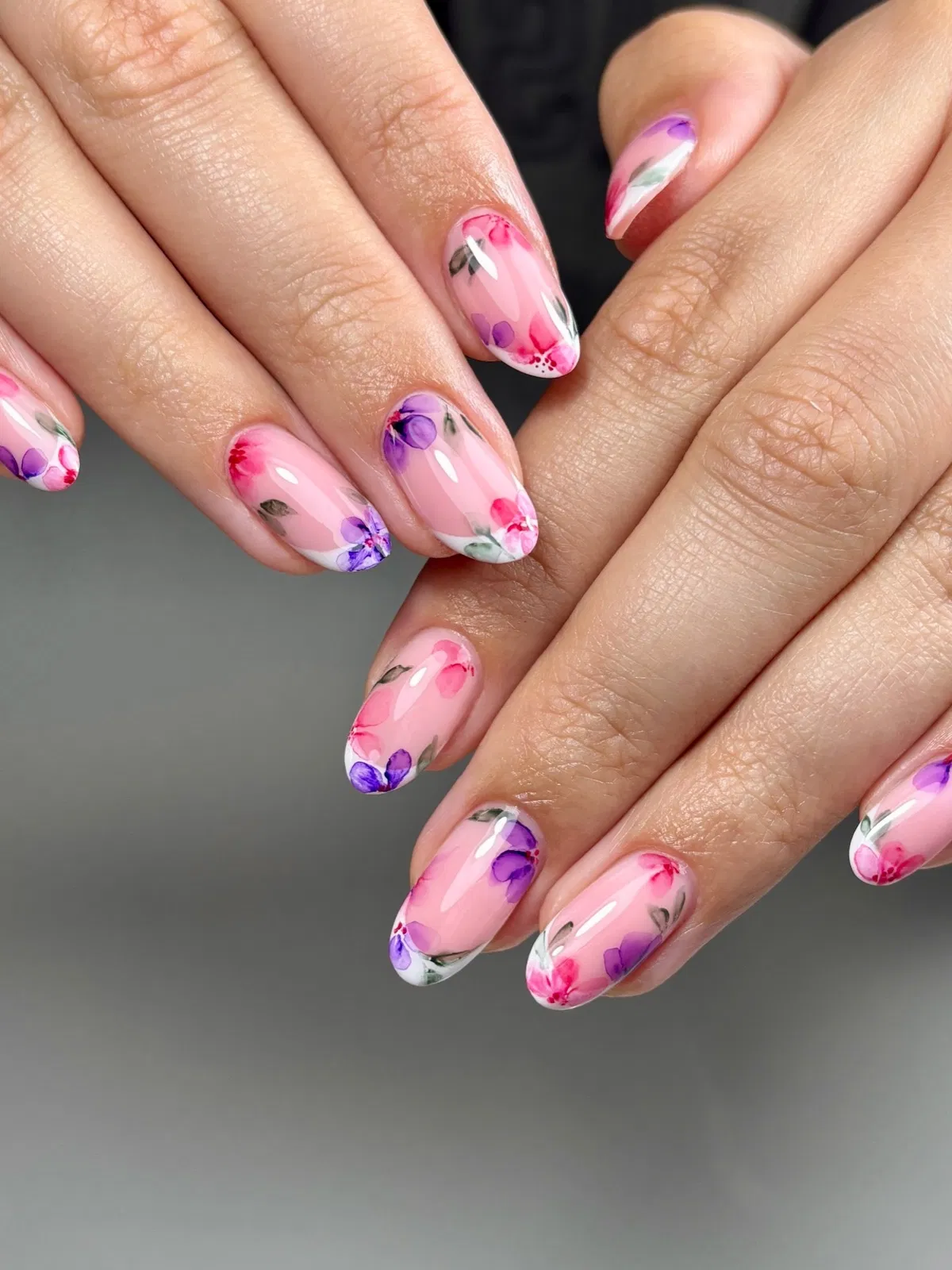 Pink base with white tips and watercolor-style florals