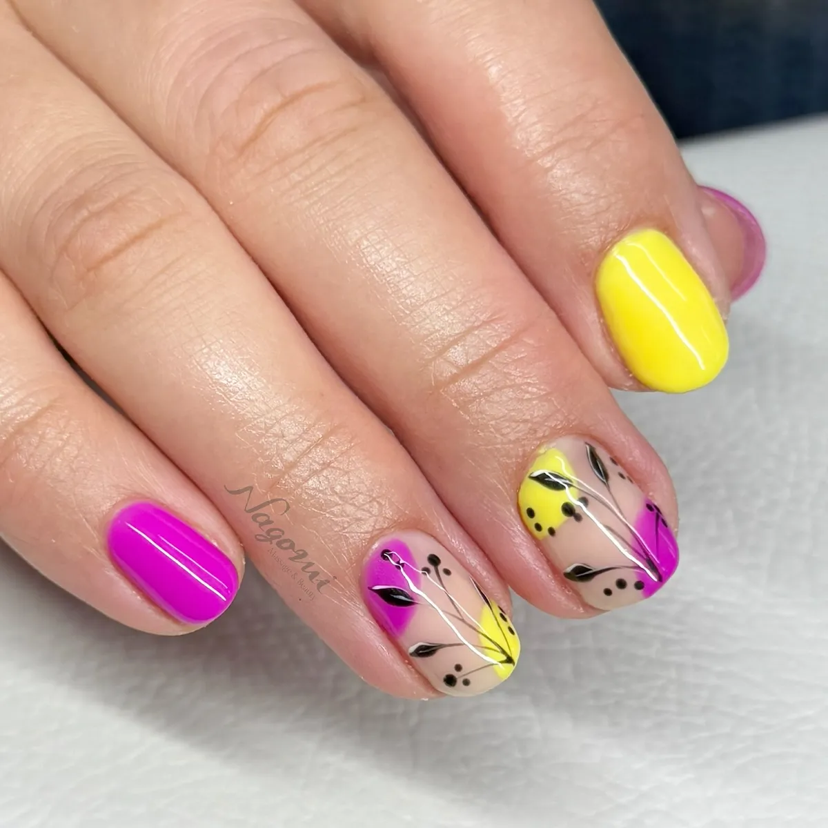Neon color-block accents with black botanical linework