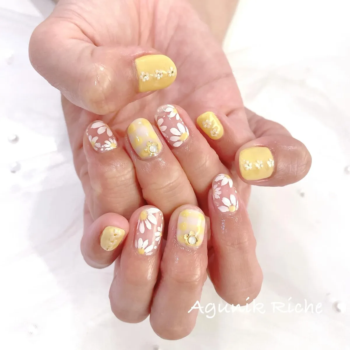 Pale yellow and nude florals with rhinestone accents