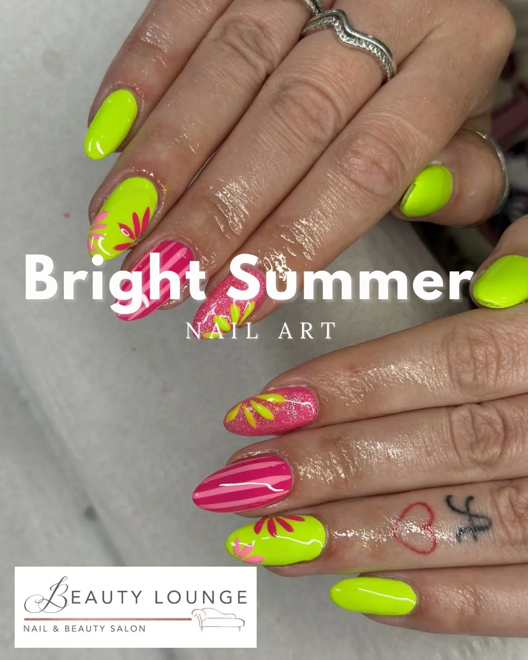 Neon green and pink with stripes and floral accents