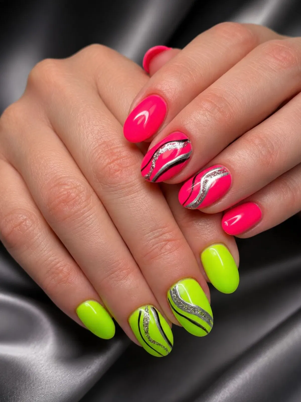 Hot pink and neon green with silver wavy stripe accents