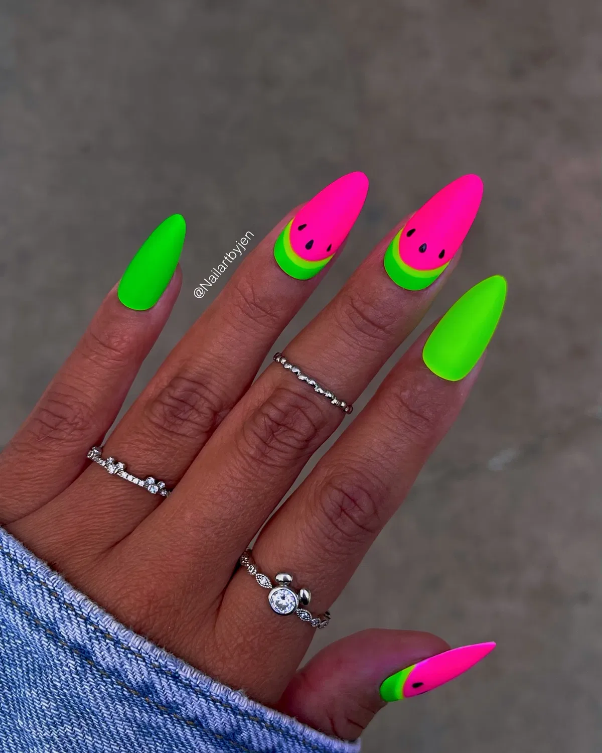 Neon green matte with pink half-moon graphic accents