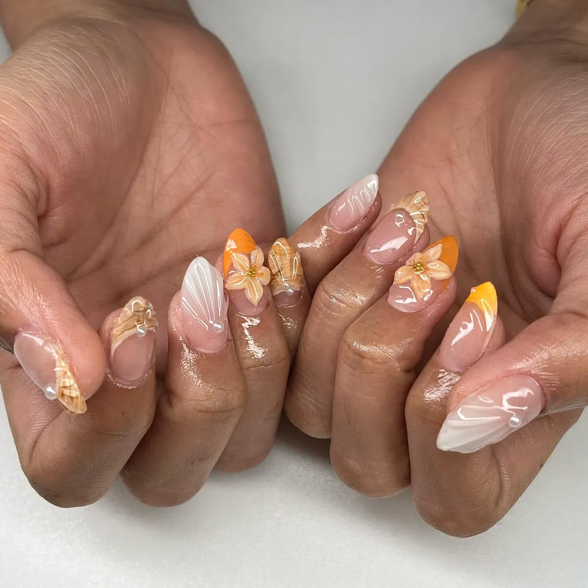 Orange French Tips with 3D Flowers