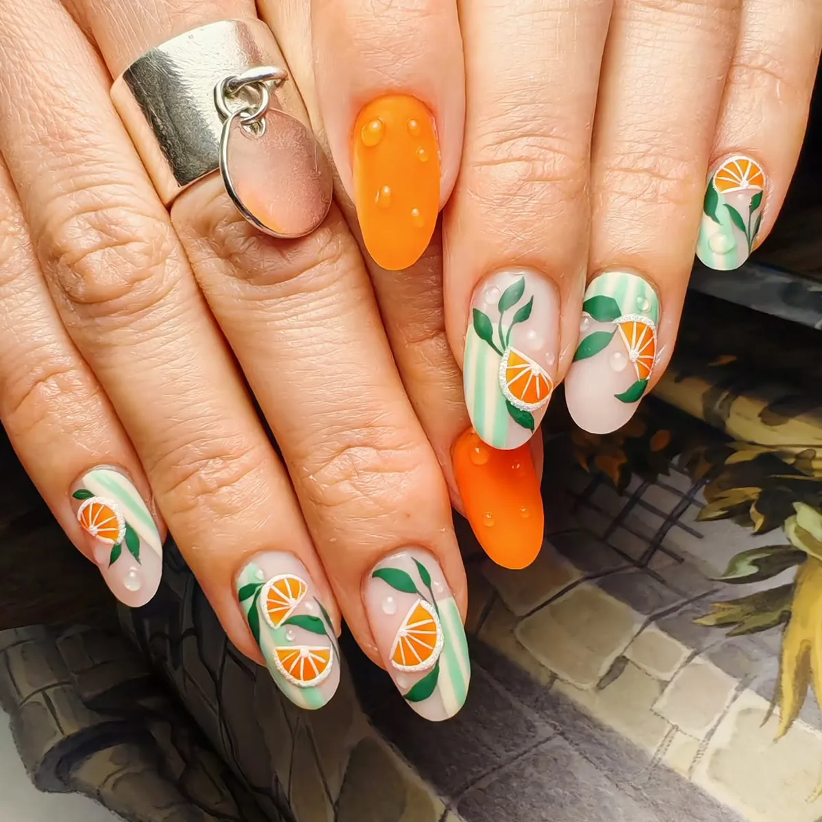 Orange Drops with Green Stripes, Citrus Slices & Pearl-Like Beads