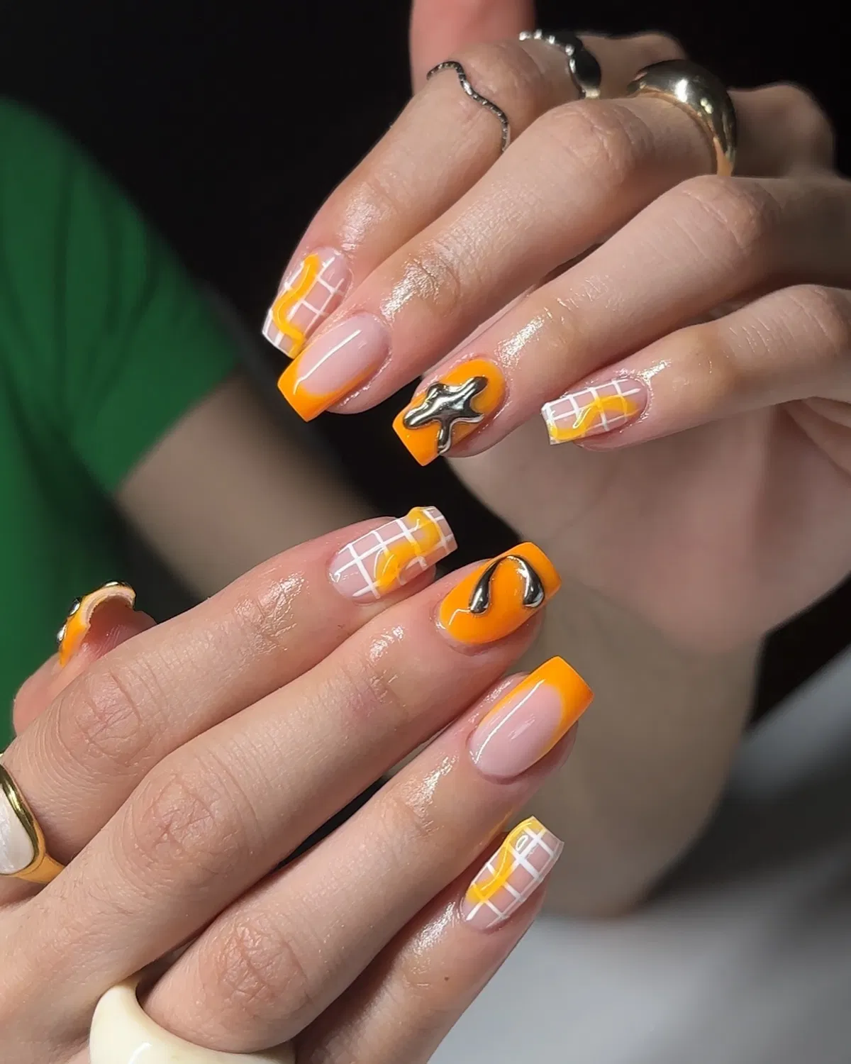 Orange Tips with White Grid & Metallic Accents