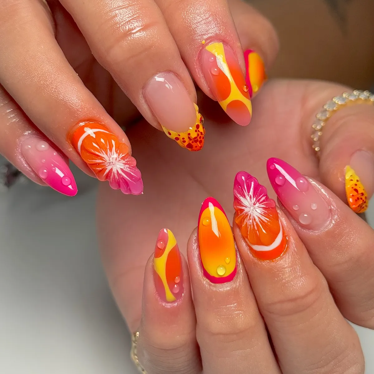 Neon citrus color-blocking with raised droplet and flower accents