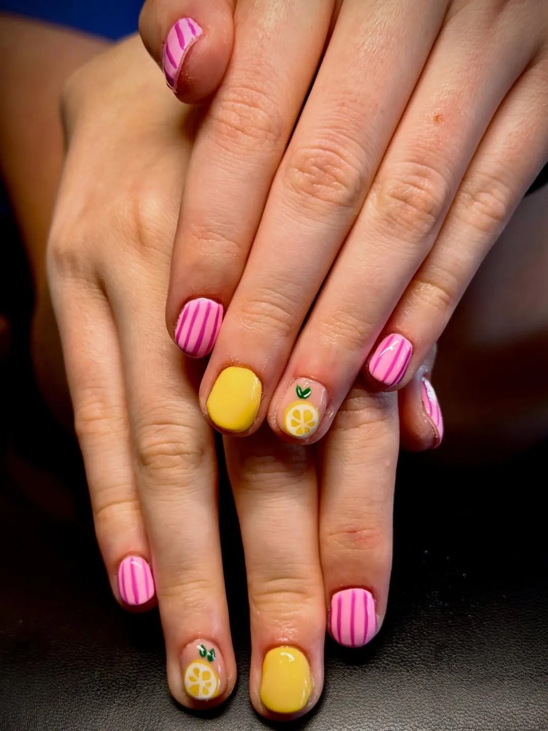 Short striped pinks with yellow solids and lemon icons