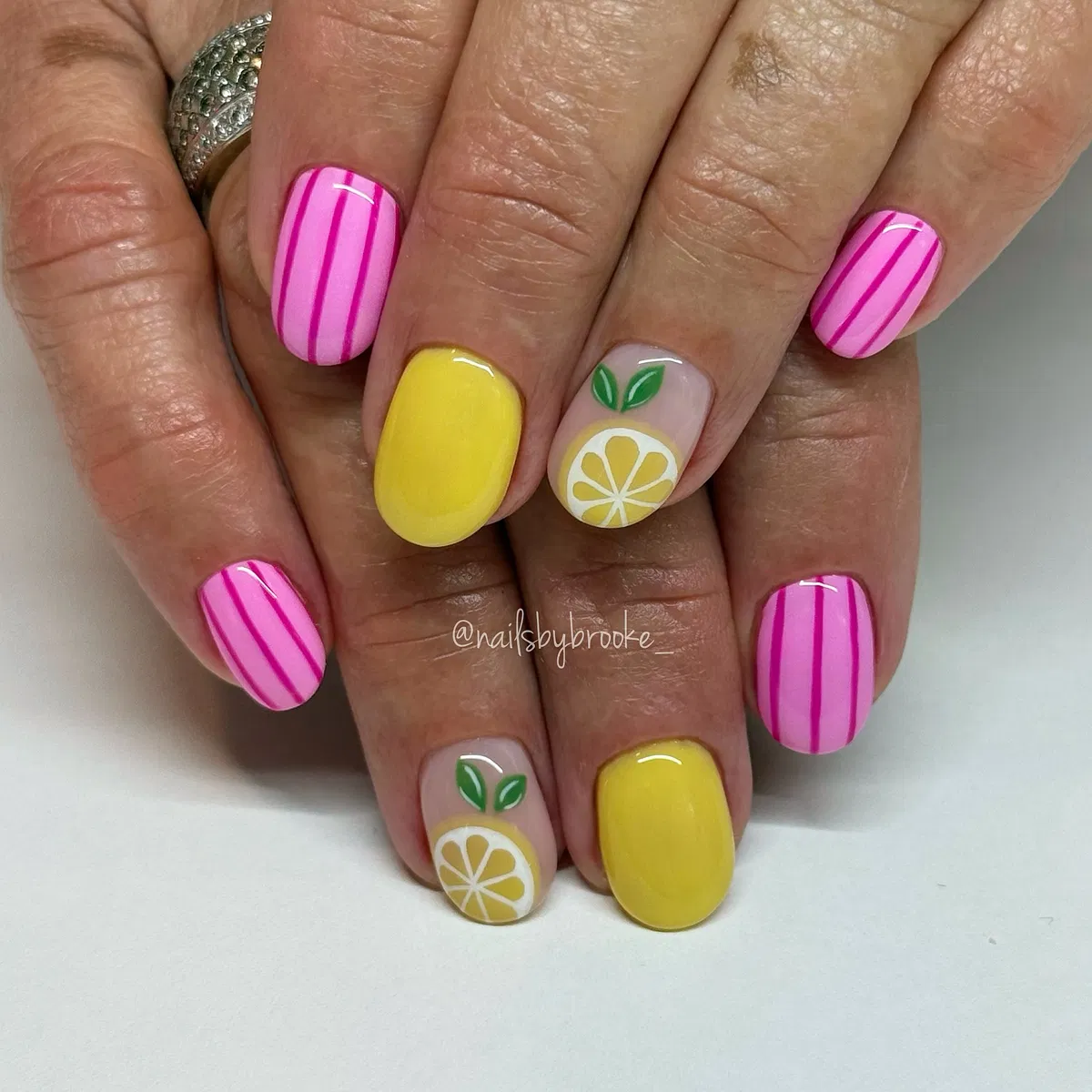 Pink stripes, solid yellow, and lemon-with-leaves accents