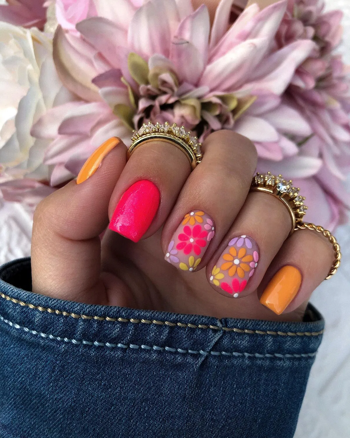 Bright pink and orange with layered daisy flowers