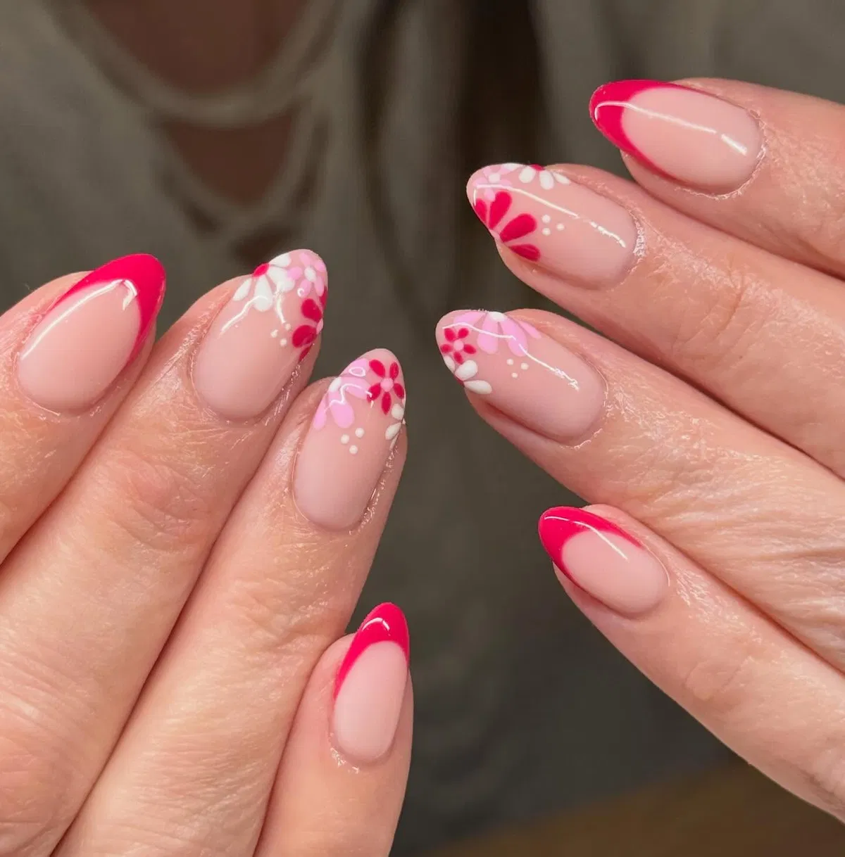 Bright pink French tips with tiny florals
