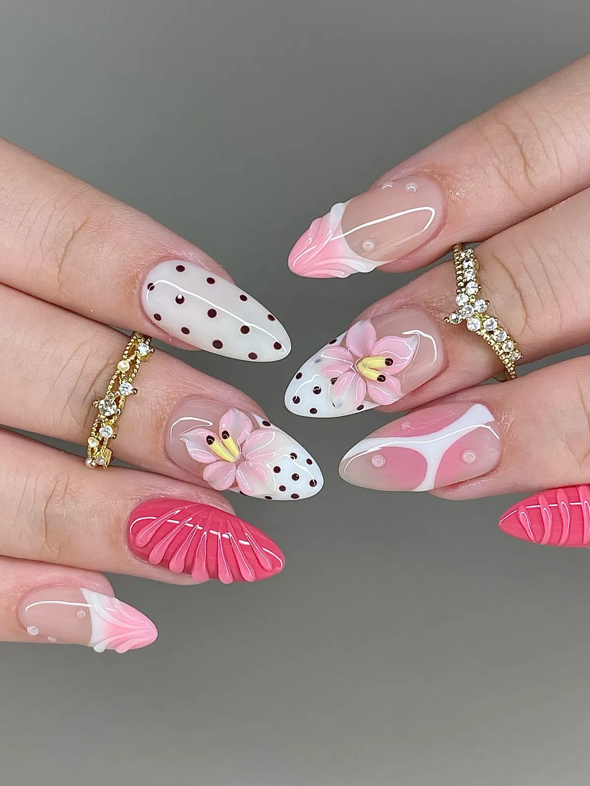 Pink swirls, polka dots, and 3D floral accents