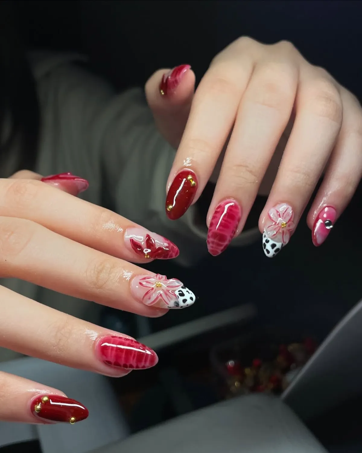 Mixed red set with studs, grid pattern, and floral accents