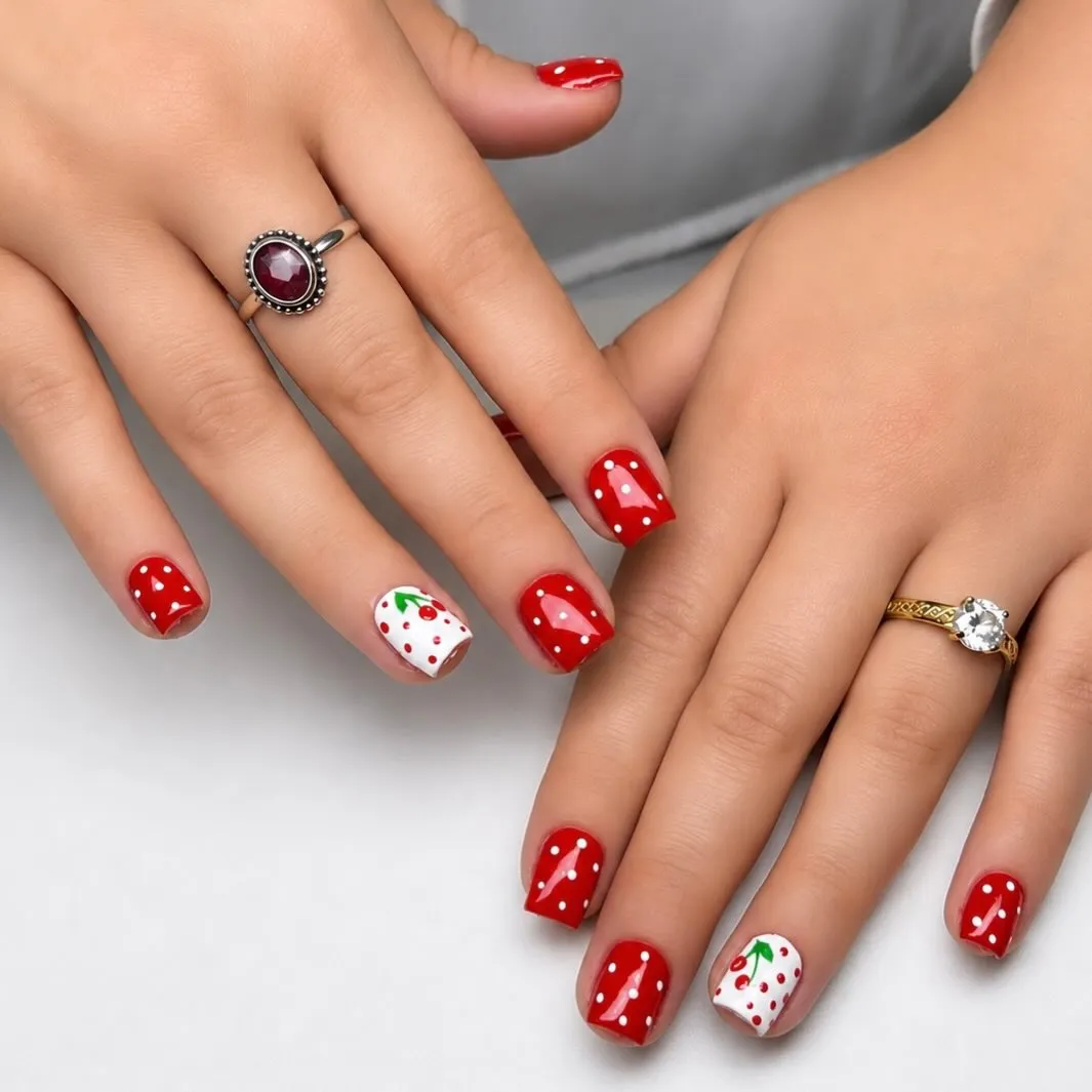 Red polka dots with cherry accent nails