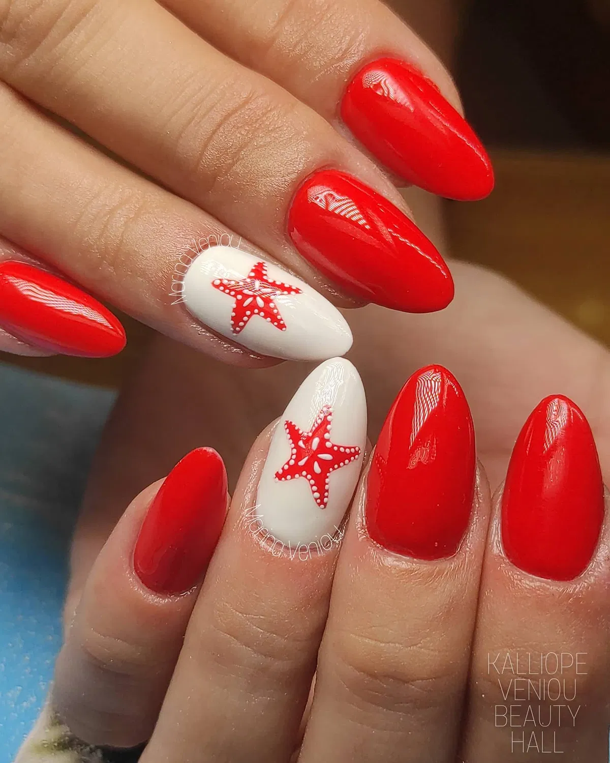 Glossy red with white starfish accents