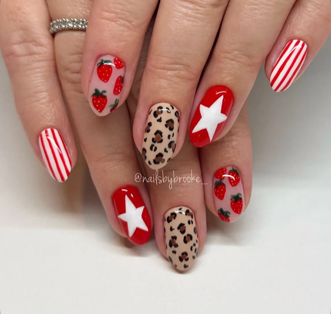 Mixed red set with stars, stripes, strawberries, and leopard print