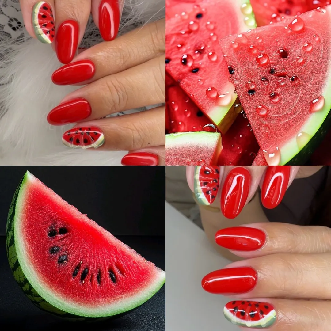 Glossy red nails with watermelon slice accents
