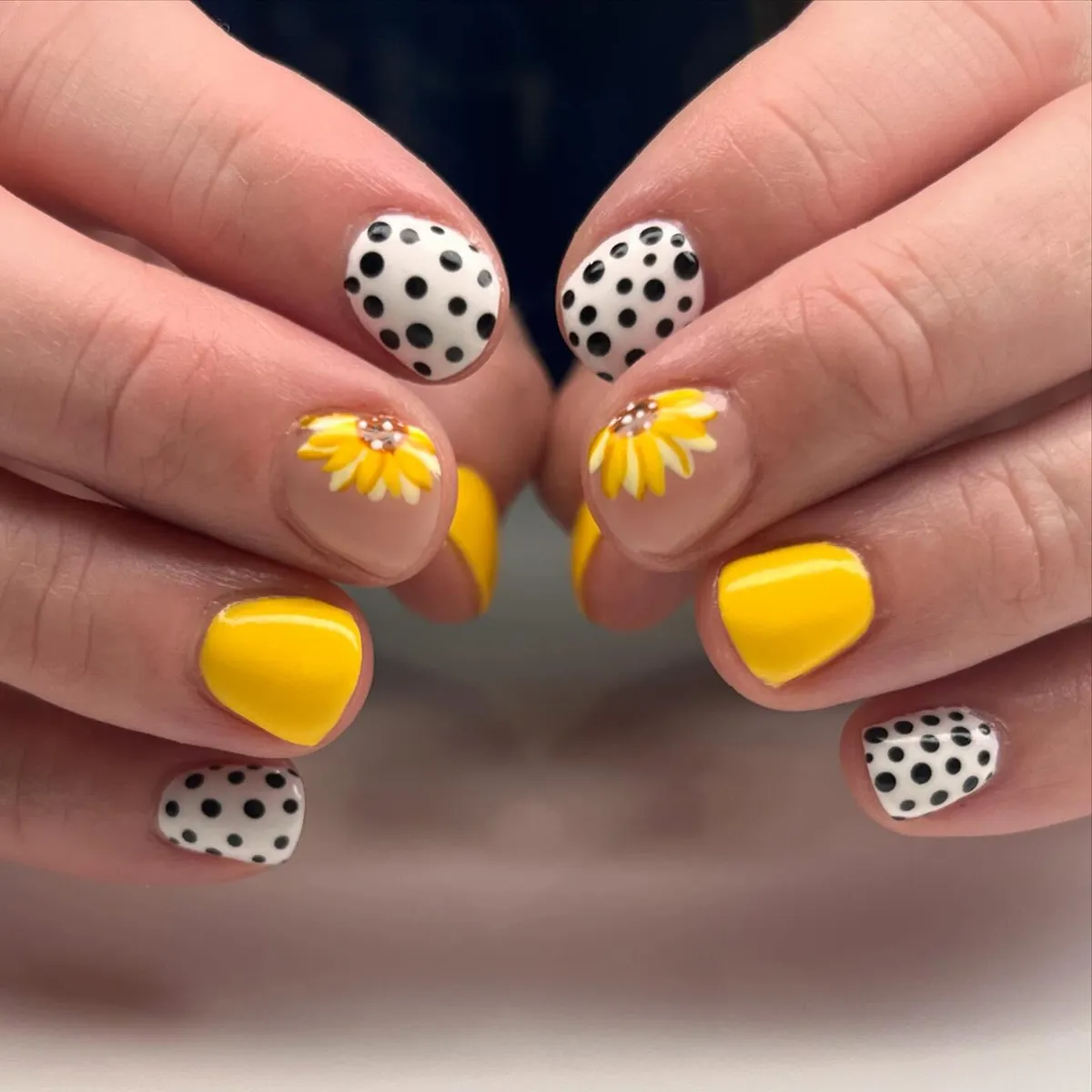 Yellow solids, black-and-white dots, and sunflower cuticle accents