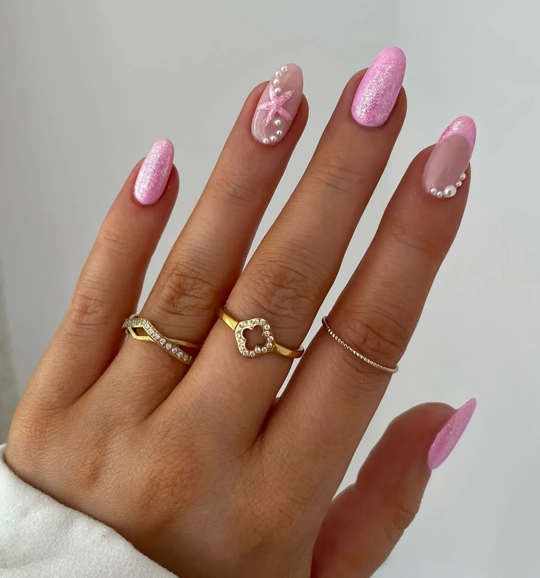 Shimmery pink with pearl and bow accents