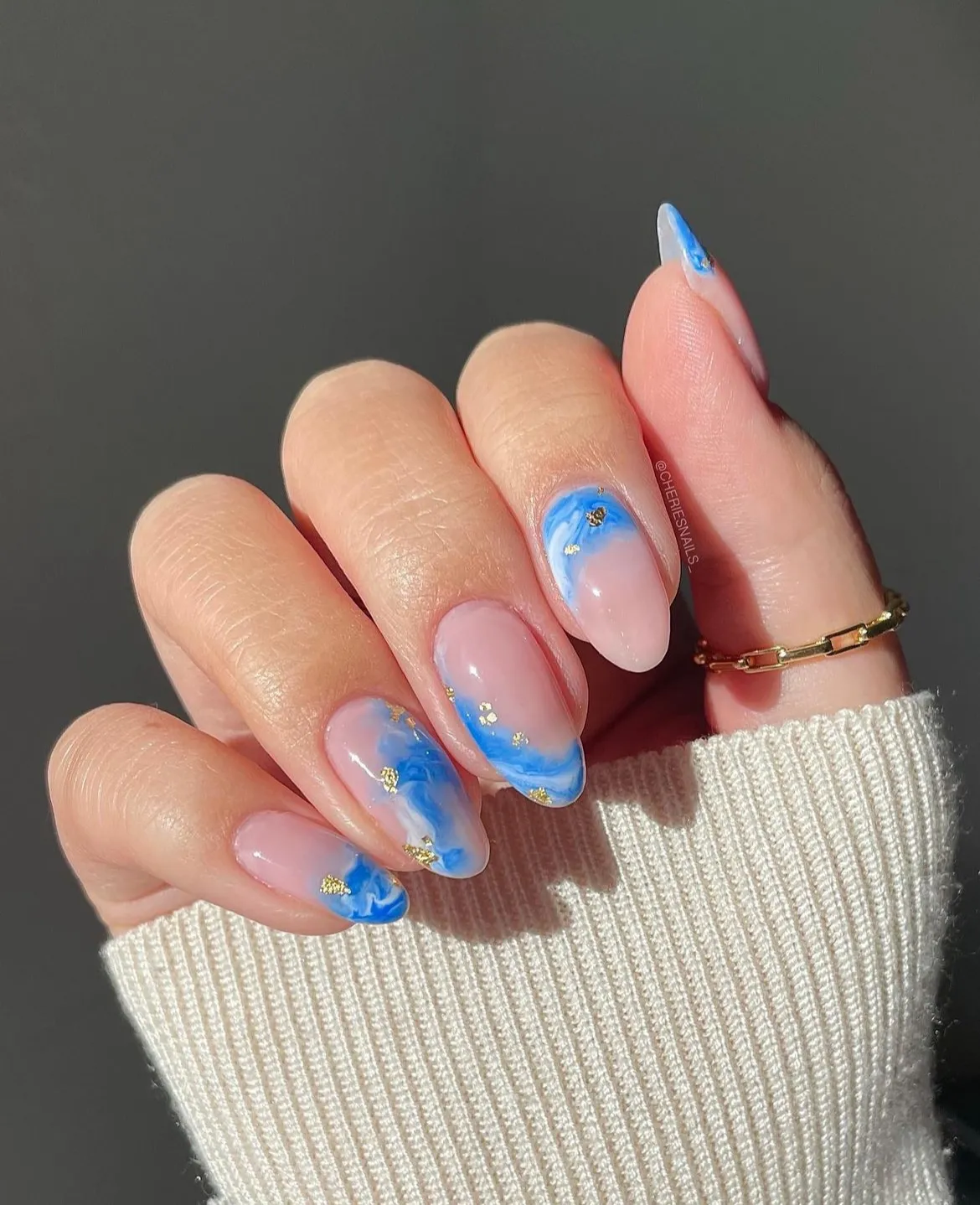 Blue marble tips with gold foil accents