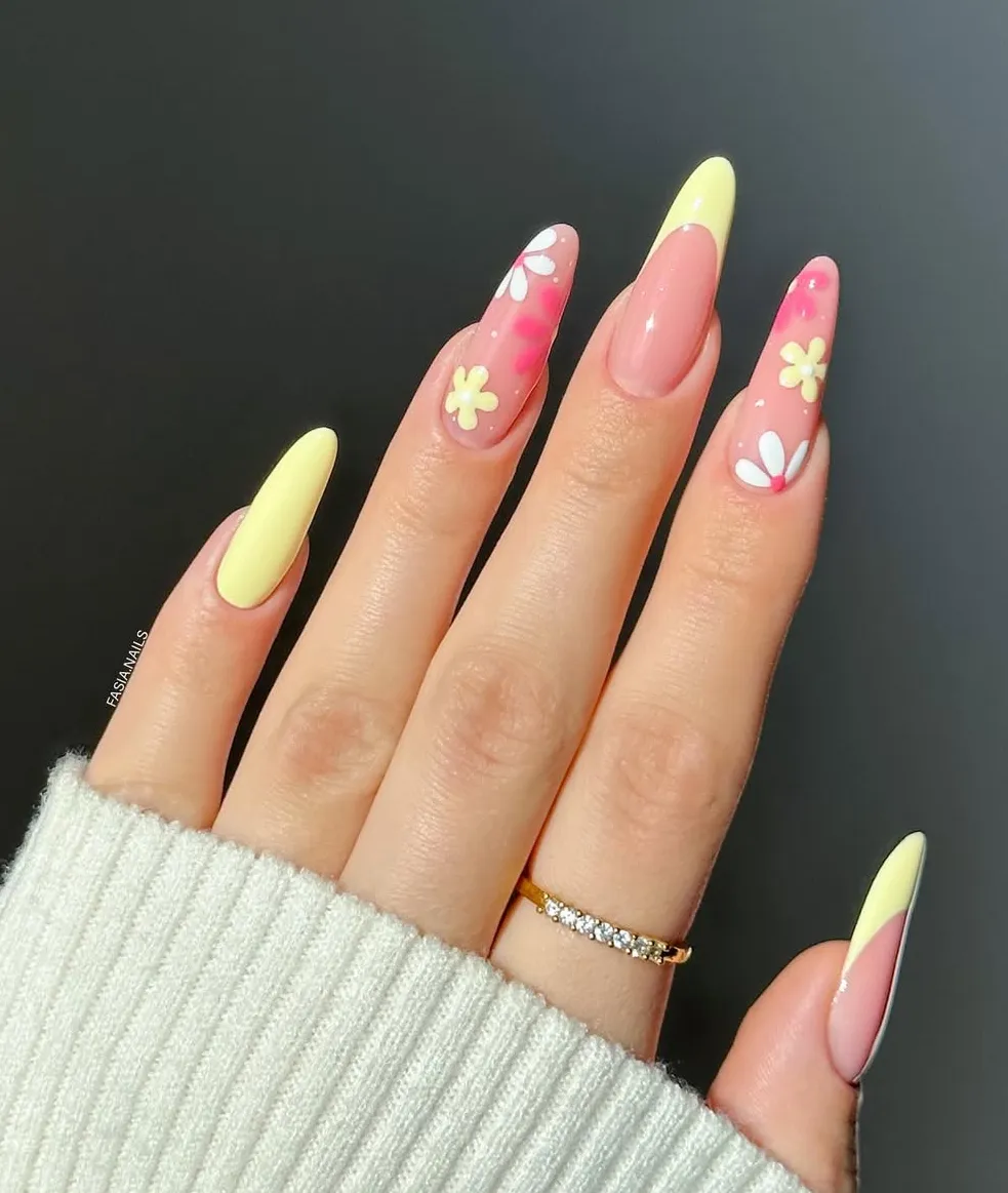 Pastel yellow tips with flower accents