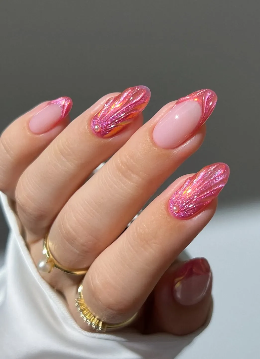 Pink glitter swirls with small pearl accents
