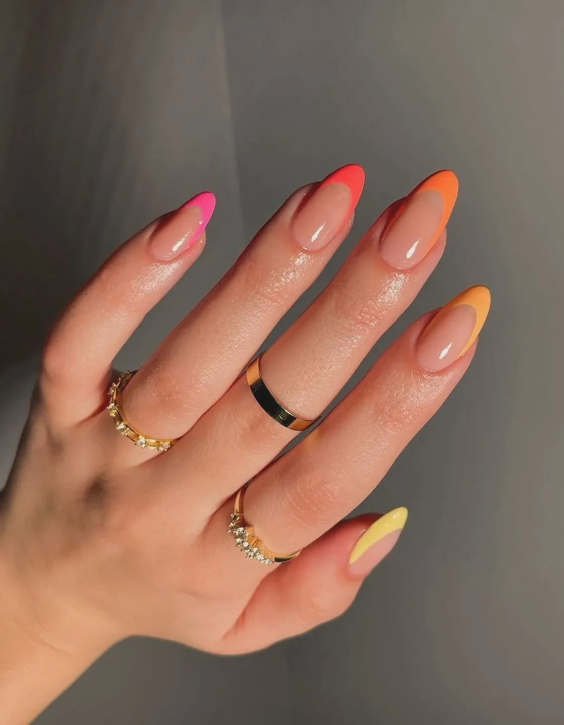 Multicolor neon French tips on nude base