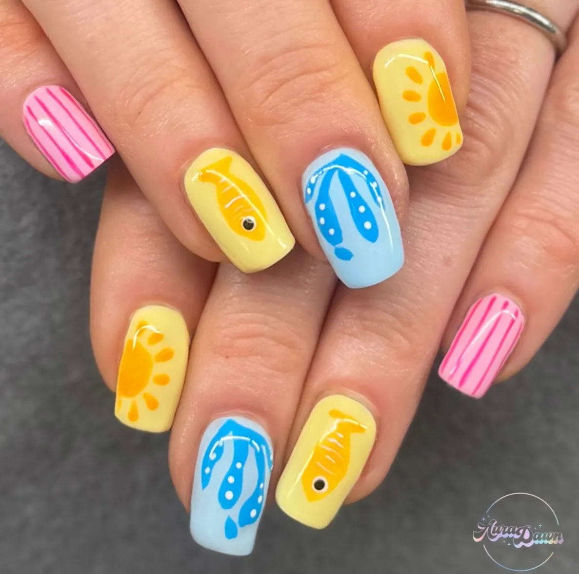 Playful summer icons in yellow, blue, and pink