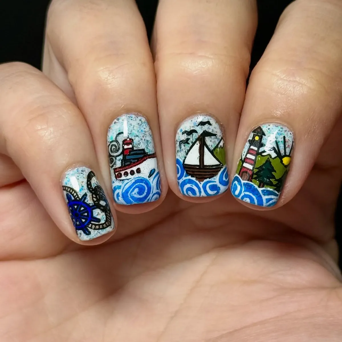 Mini nautical scenes with boats and wave swirls