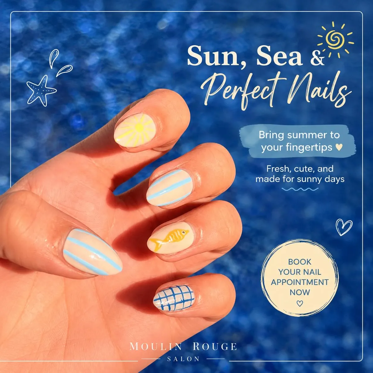Cream nails with blue stripes, sun, and fish icon (with promo text)