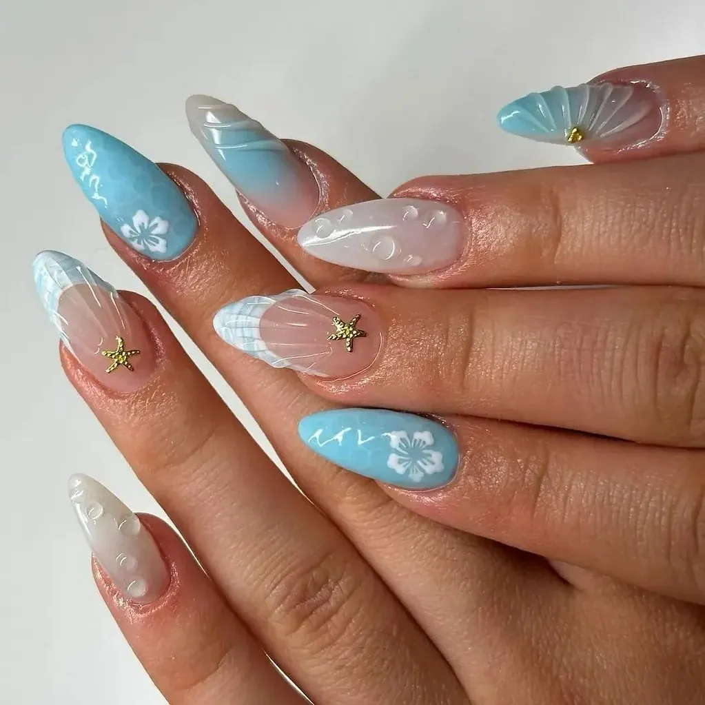 Light blue and nude set with bubbles, plaid, and gold starfish
