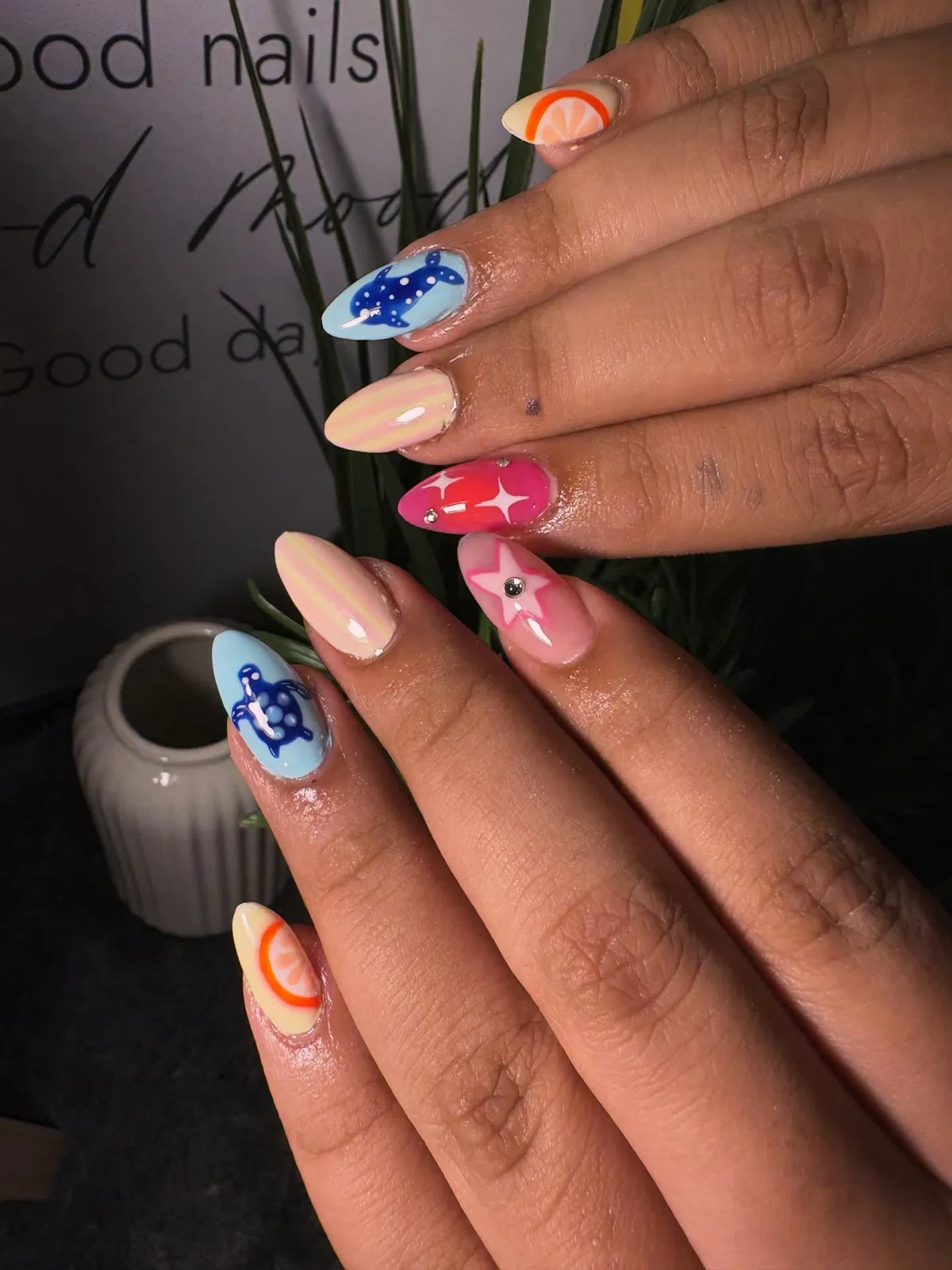 Pastel set with turtles, citrus slices, and star motifs