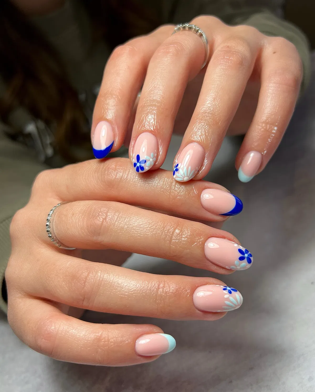 Blue and mint French tips with small flowers