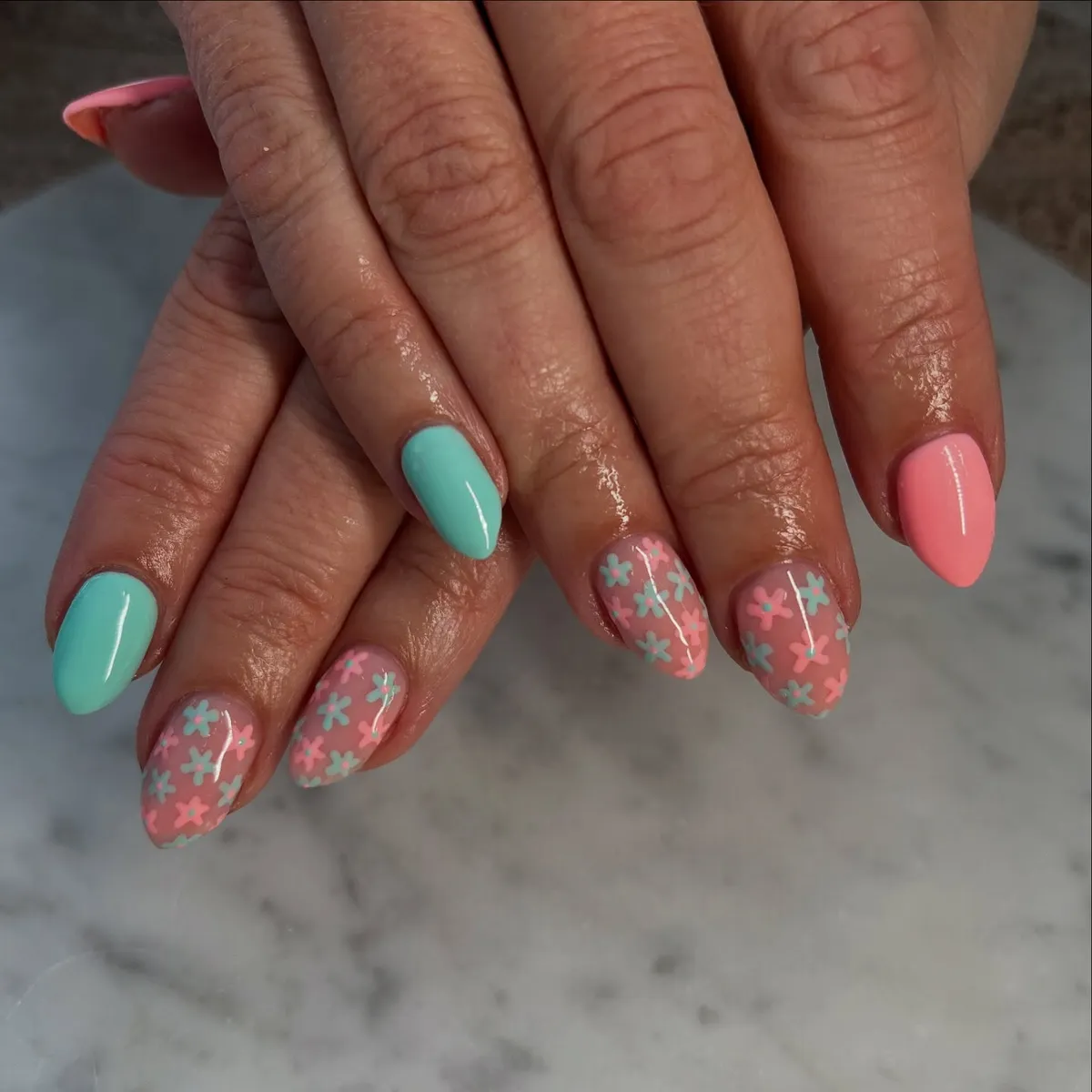 Mint and pink set with small scattered flower pattern