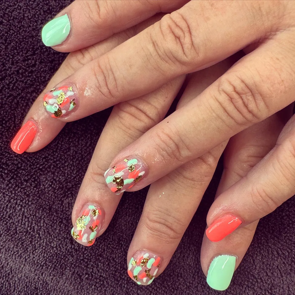 Neon coral and mint with gold-foil abstract accents