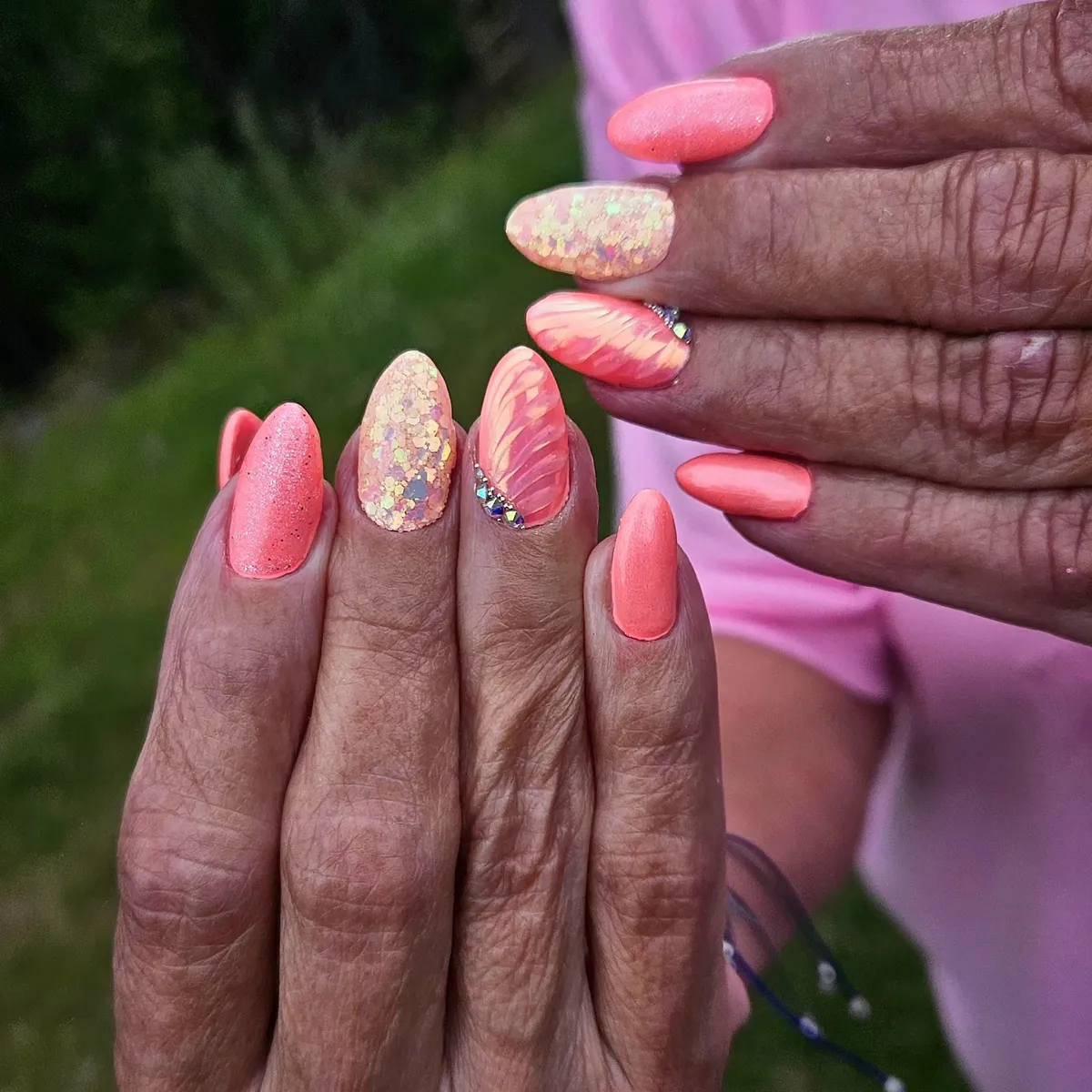 Coral shimmer mix with glitter and marbled accent