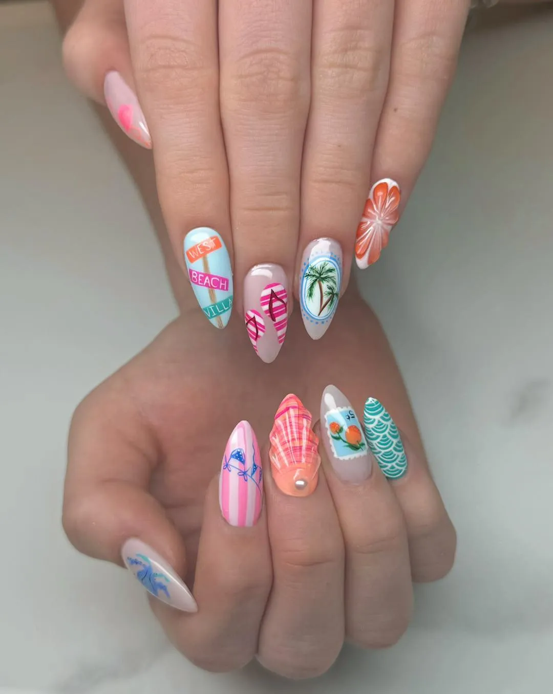 Graphic beach icons with text, palm, florals, and patterned accents