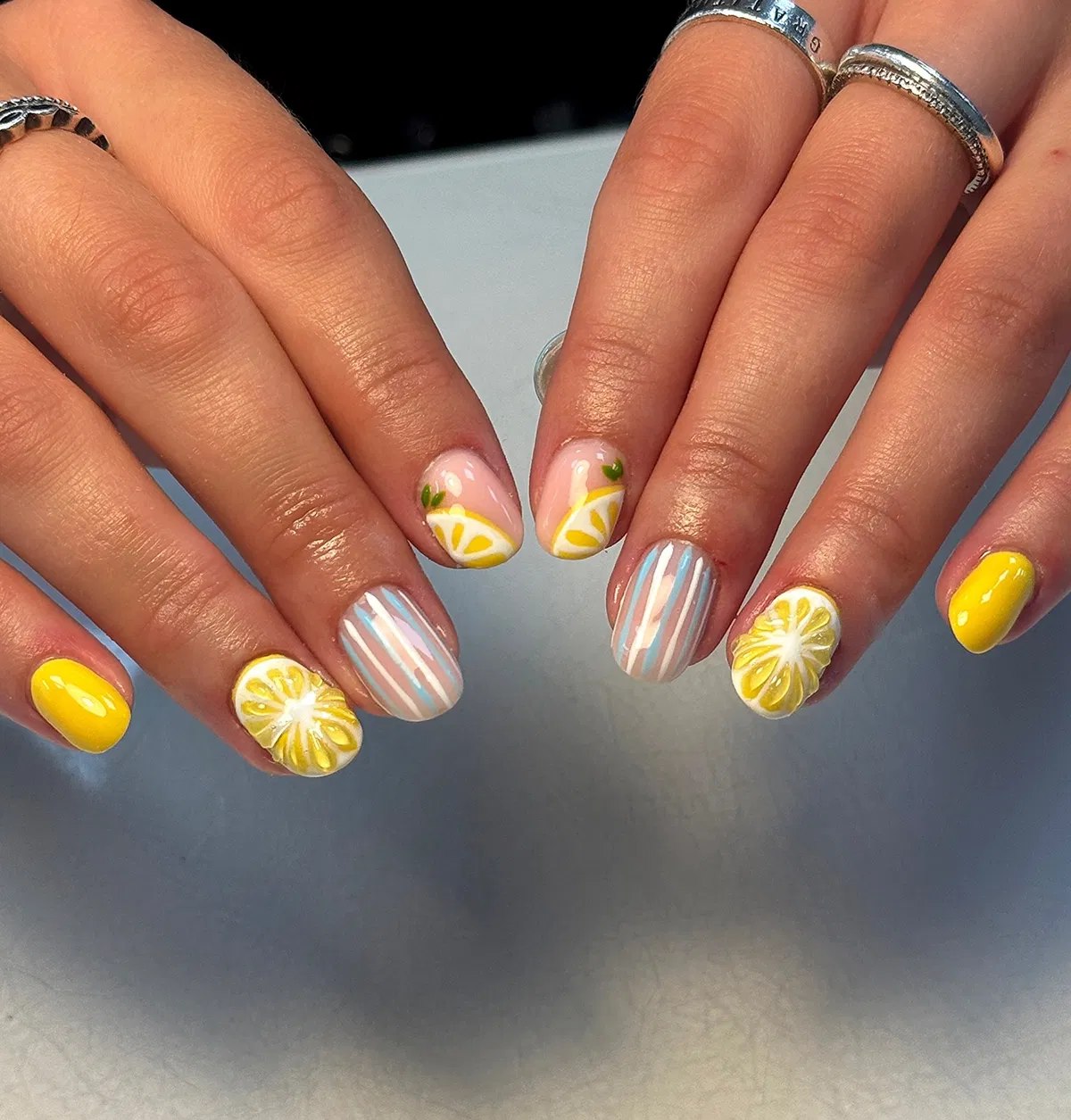 Bright Yellow with Striped Accents and Citrus Slice Details