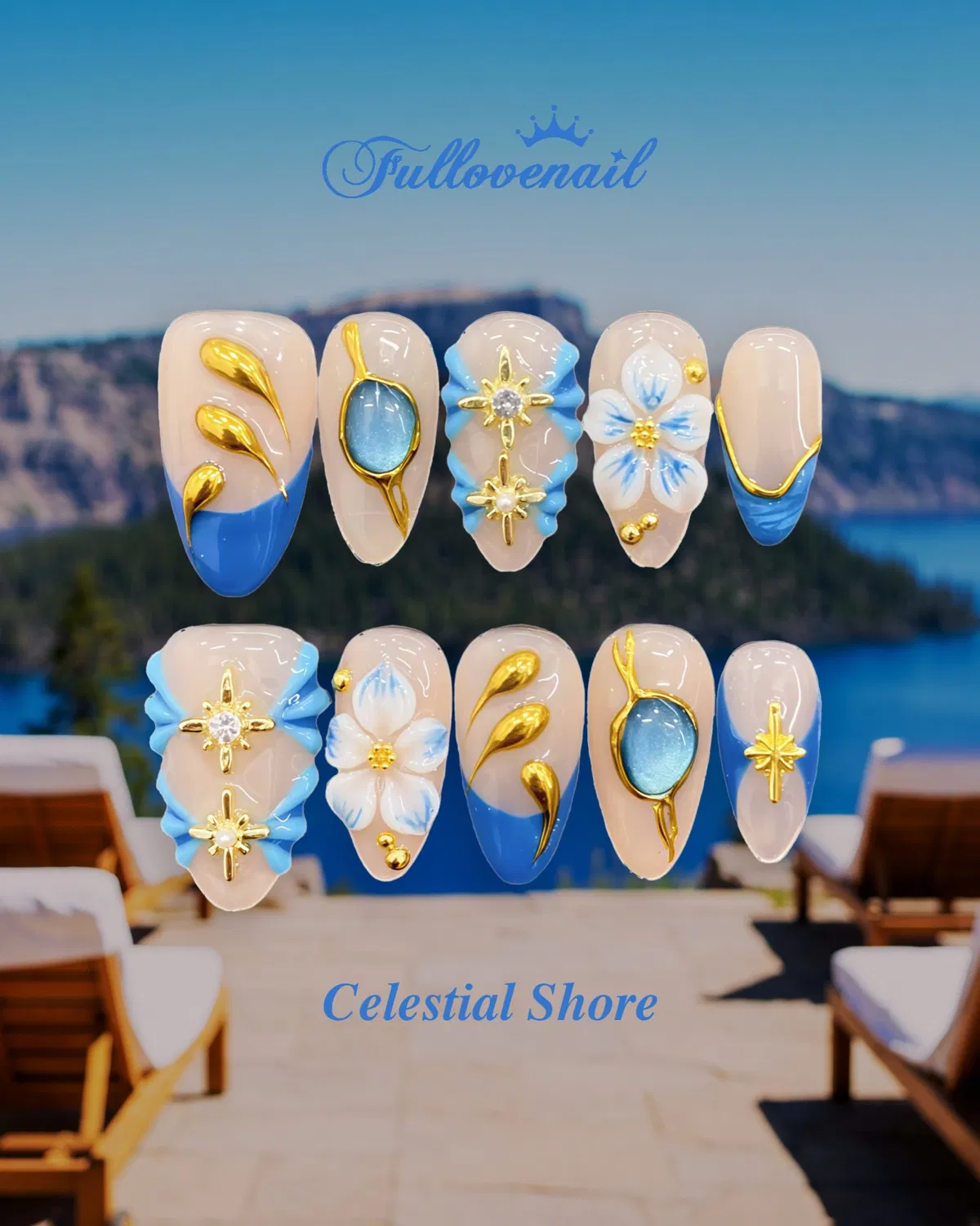 Nude-and-blue nail tips with raised gold embellishments (Celestial Shore)