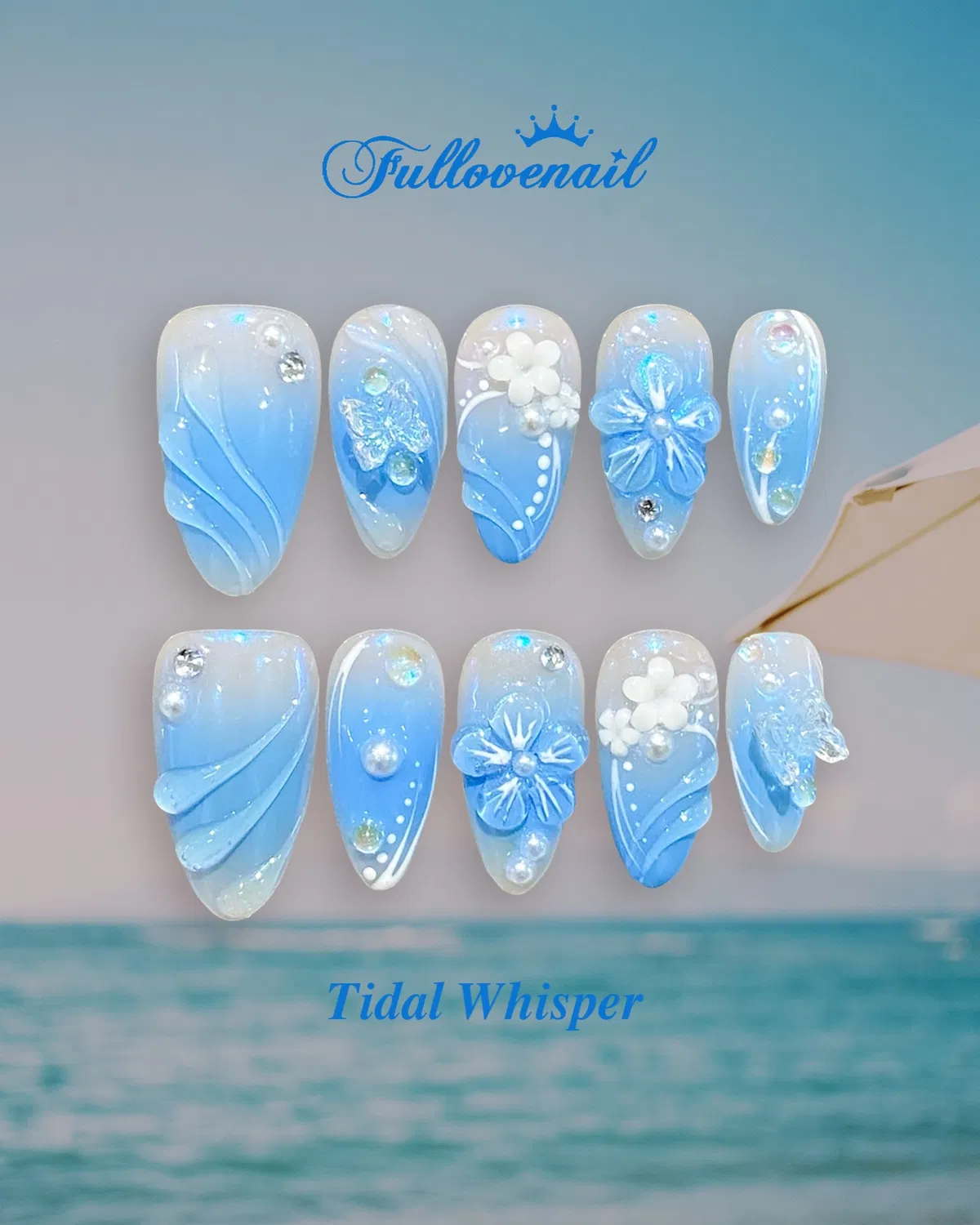 Light blue embellished nail tips with pearls and glitter (Tidal Whisper)