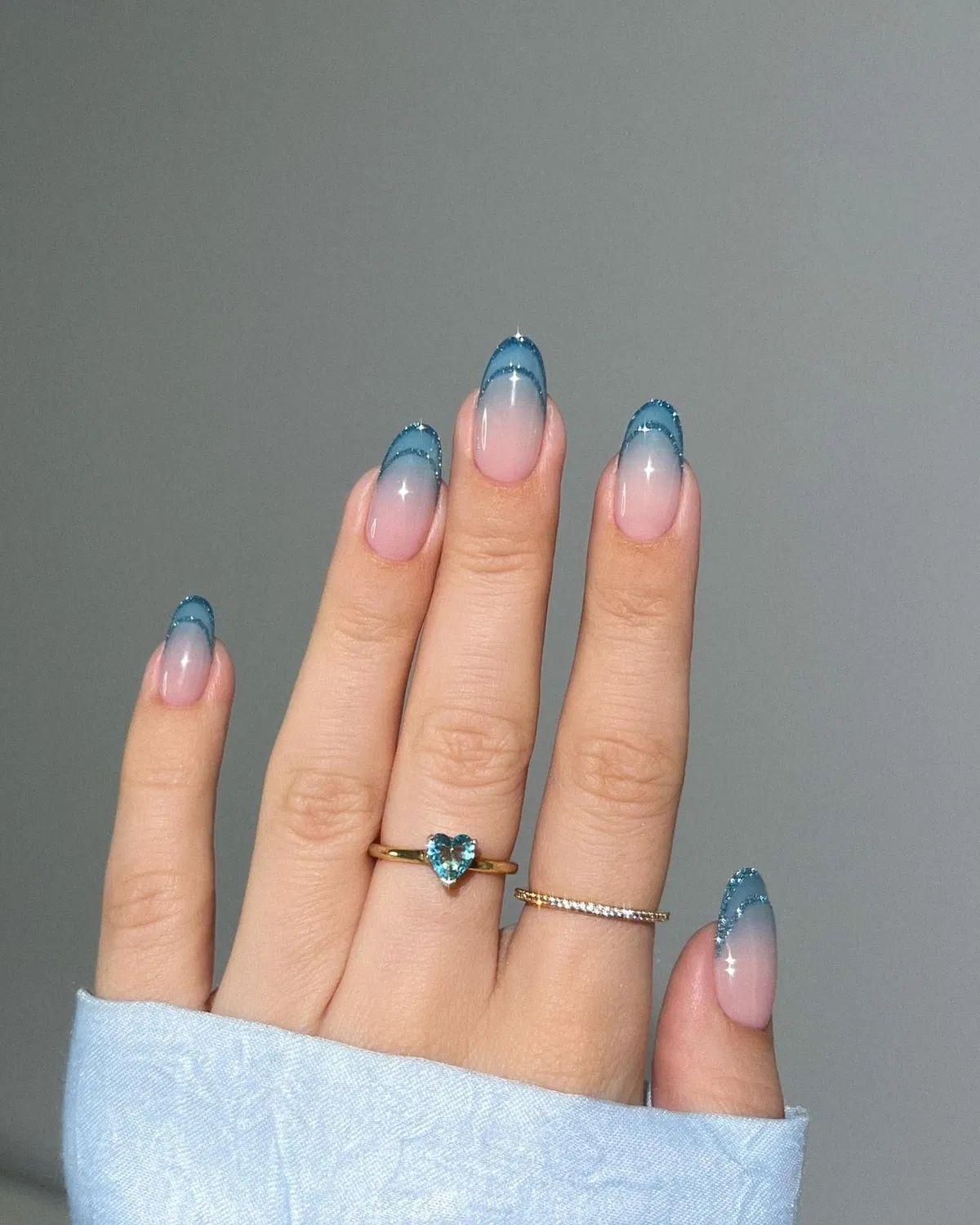 Nude Base with Blue Glitter French Tips