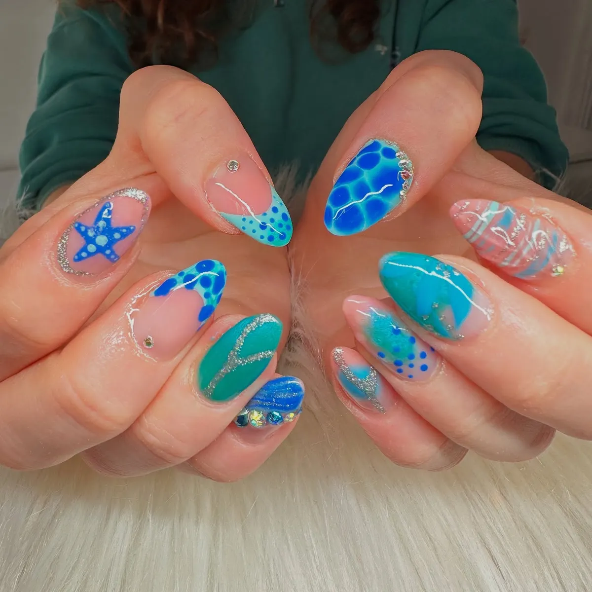 Mixed blue ocean motifs with glitter and rhinestones