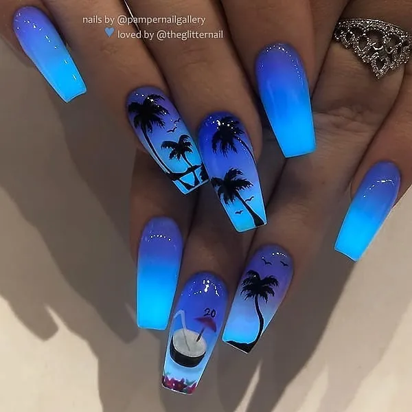 Blue gradient palms with illustrated accent nail