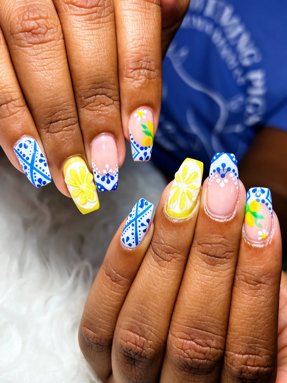 Blue-and-white patterns with lemon-slice accents