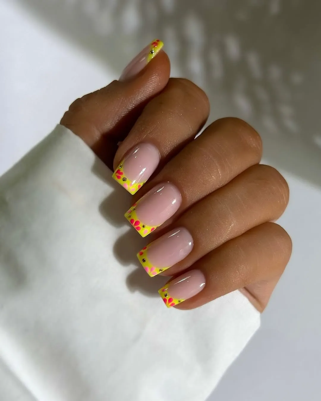 Yellow French tips with tiny pink florals