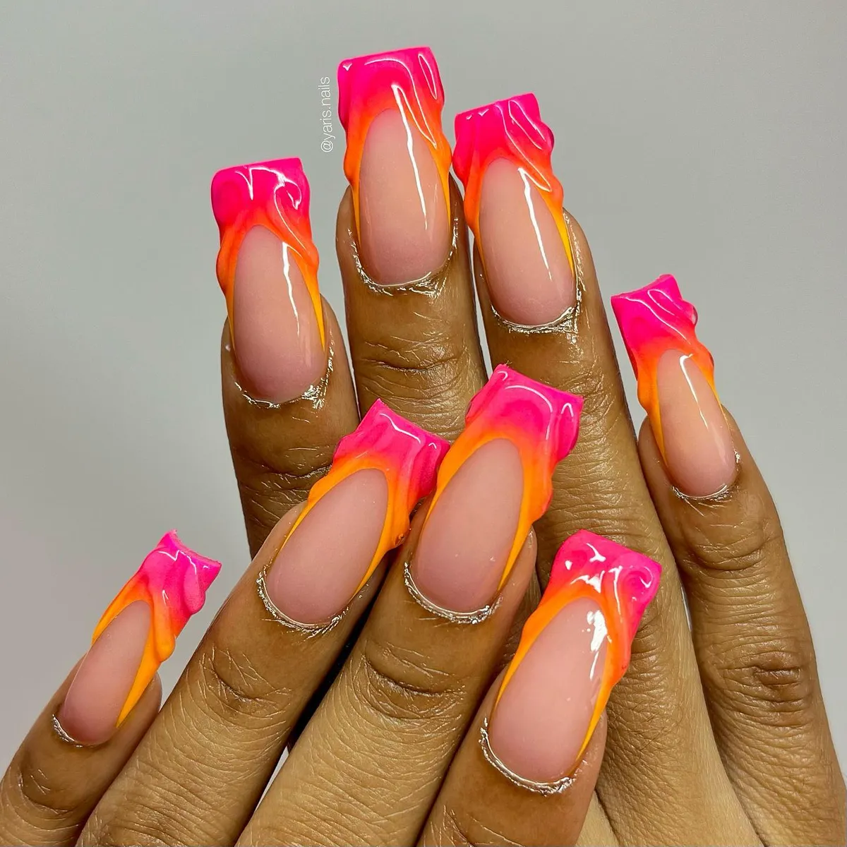 Hot pink and orange flame-style square tips