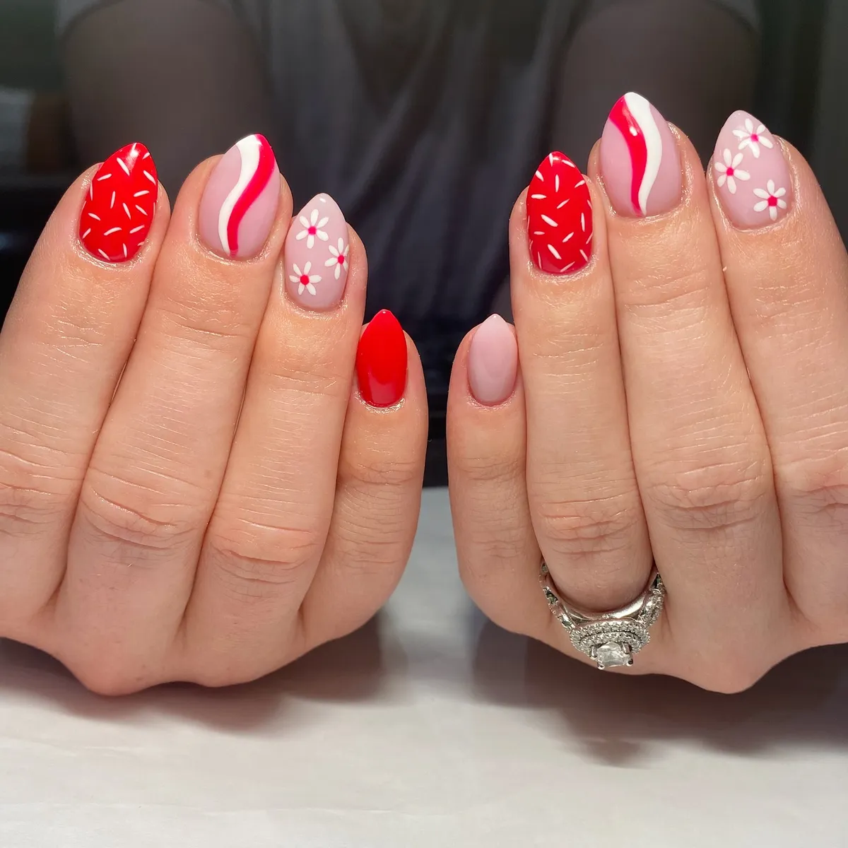 Red-and-pink mix with wavy stripes and tiny florals